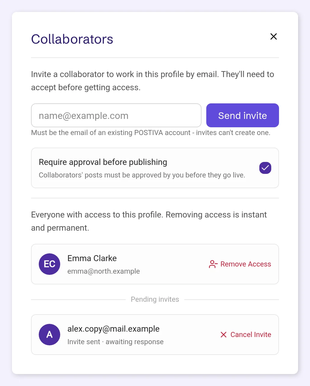 The Collaborators window: an invite form, the owner and one collaborator with Remove Access, one pending invite and Require approval before publishing switched on