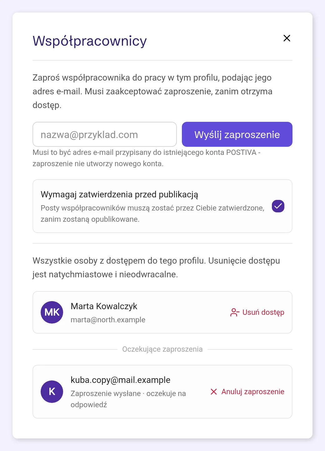 Panel współpracowników z włączonym zatwierdzaniem przed publikacją