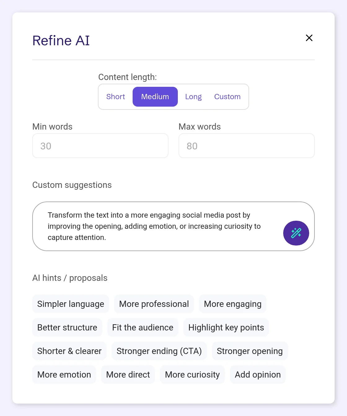 AI text refinement with length presets and quick options