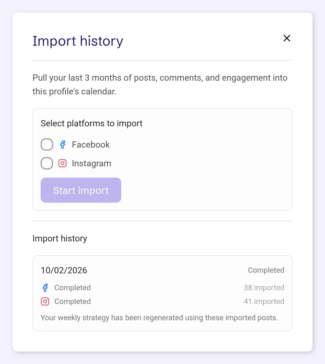 The Import history window: Facebook and Instagram to select, Start import, and a completed run with 38 Facebook and 41 Instagram posts imported