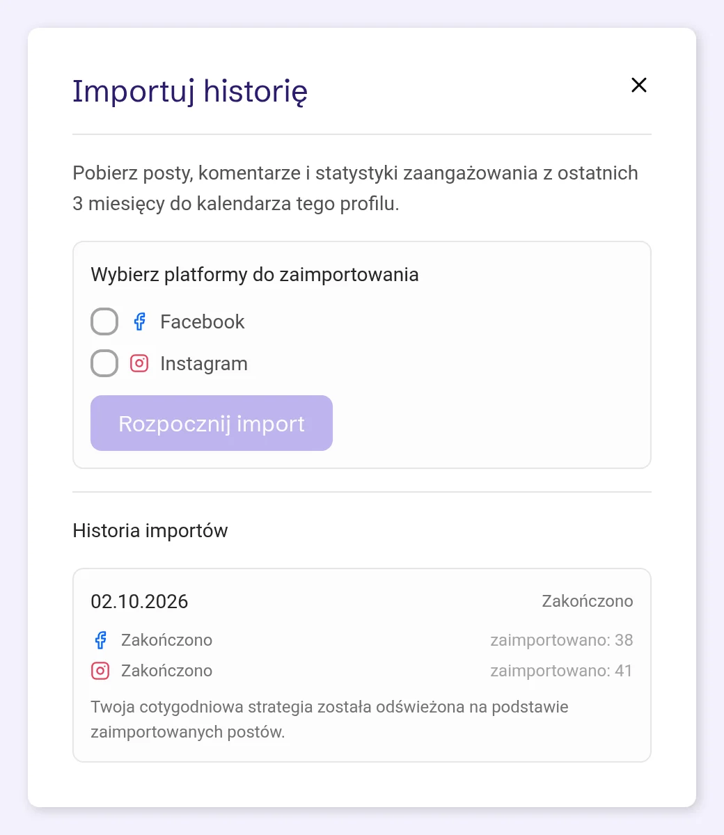 Zakończony import 38 postów z Facebooka i 41 z Instagrama