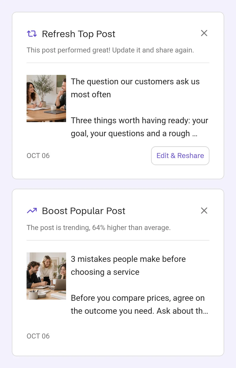Example suggestion cards: Refresh Top Post with an Edit & Reshare button, and Boost Popular Post trending 64% higher than average