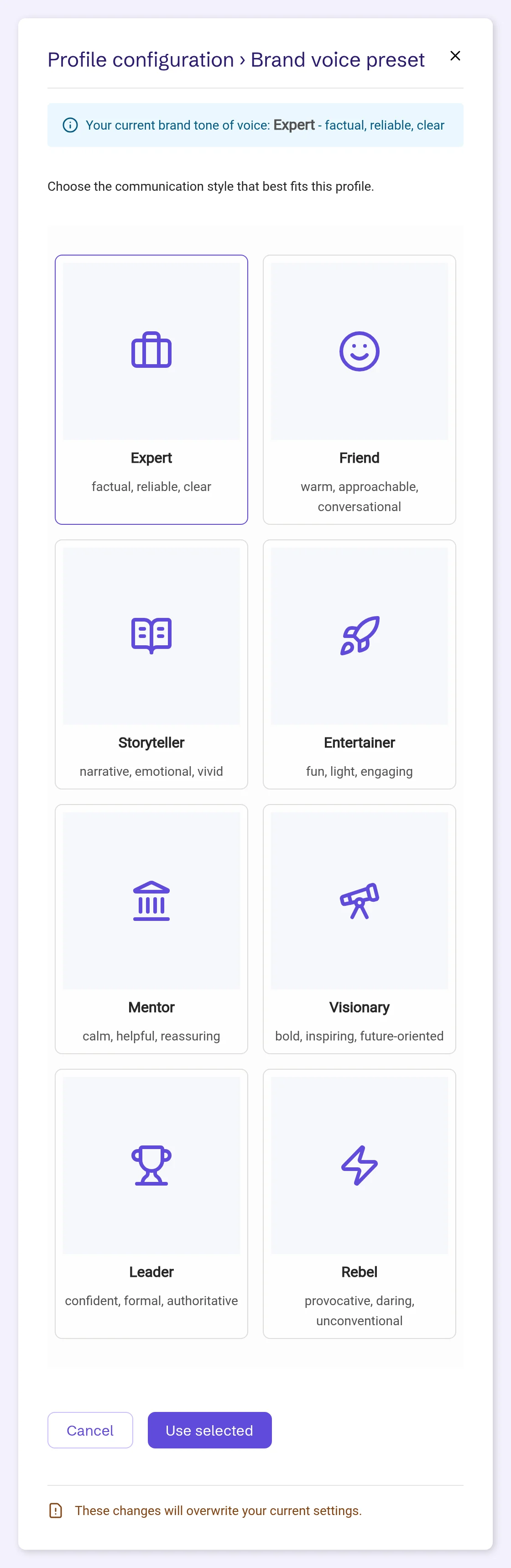 Brand voice preset selector with eight presets: Expert, Friend, Storyteller, Entertainer, Mentor, Visionary, Leader and Rebel