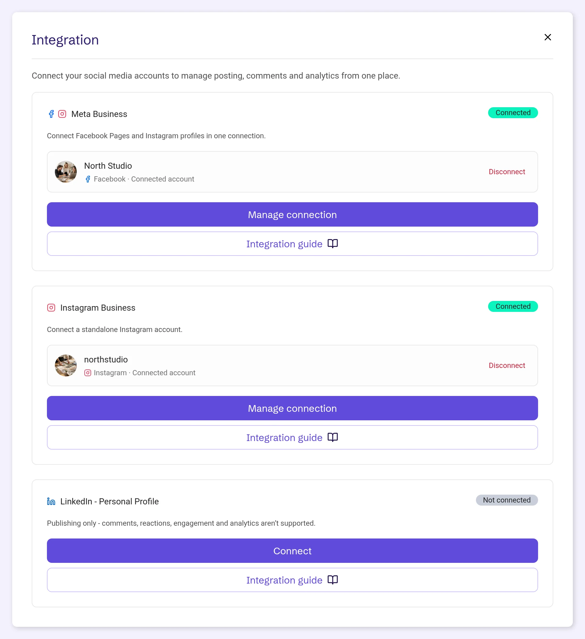 The Integration window: Meta Business and Instagram Business connected, each with its account and a Disconnect button, and LinkedIn - Personal Profile not connected