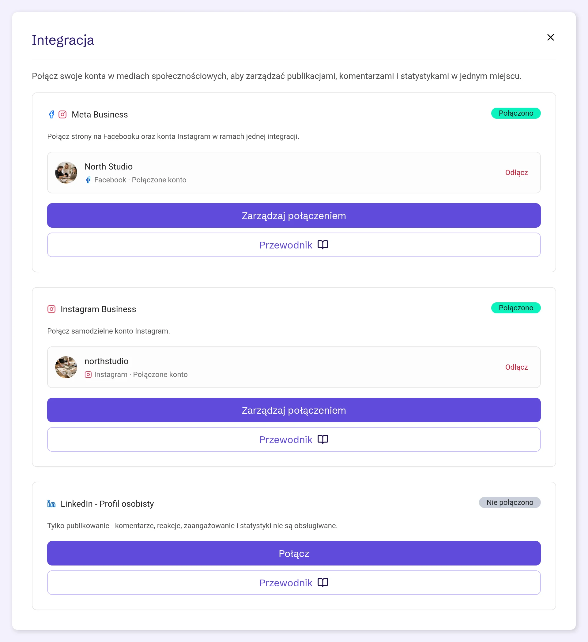 Okno Integracja: Meta Business i Instagram Business połączone, każde z kontem i przyciskiem Odłącz, oraz niepołączony LinkedIn - Profil osobisty