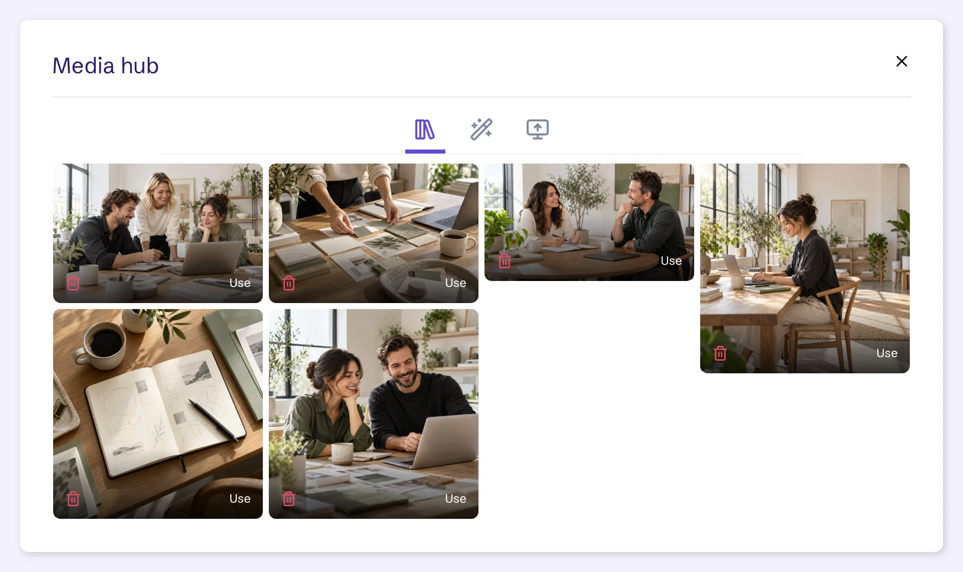 The Media hub on its Library tab: three tab icons with Library selected, and six photos, each with a Use button and a trash button