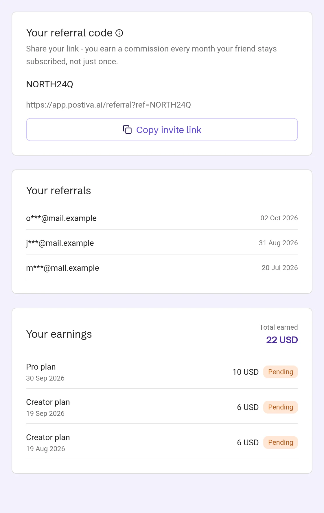 Invite & Earn: the referral code NORTH24Q with its link and Copy invite link, three referrals with masked emails, and Your earnings with Total earned and three Pending payments