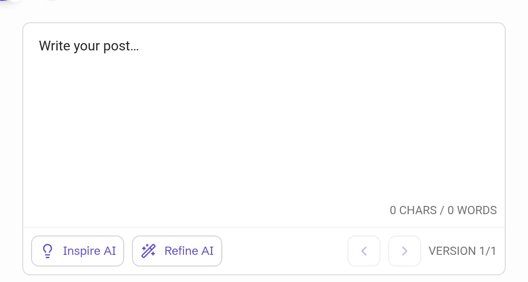 Post editor text area with the Inspire AI and Refine AI buttons below it