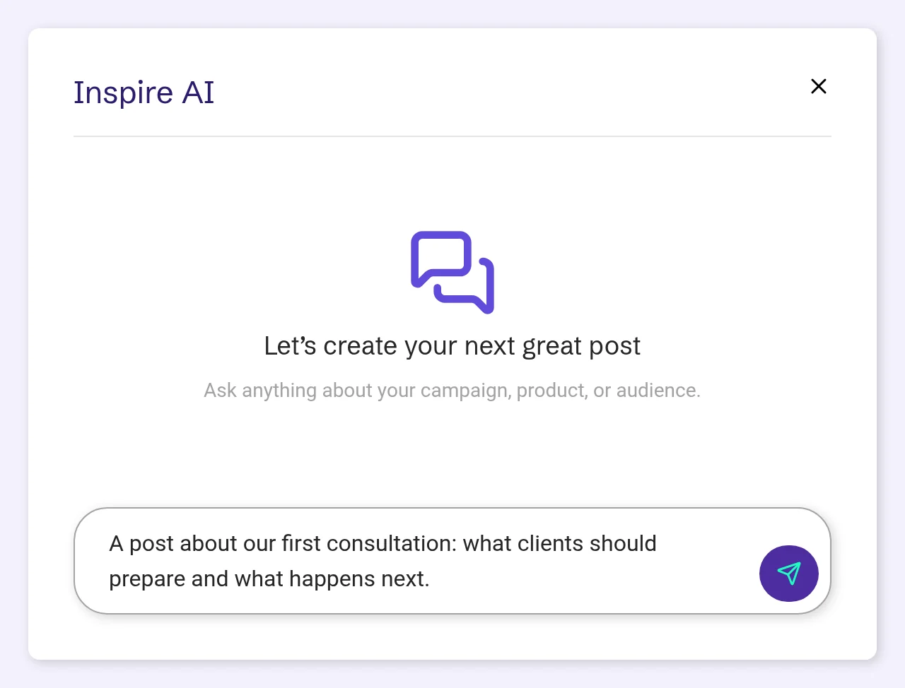 Inspire AI chat with a first message about the post typed in