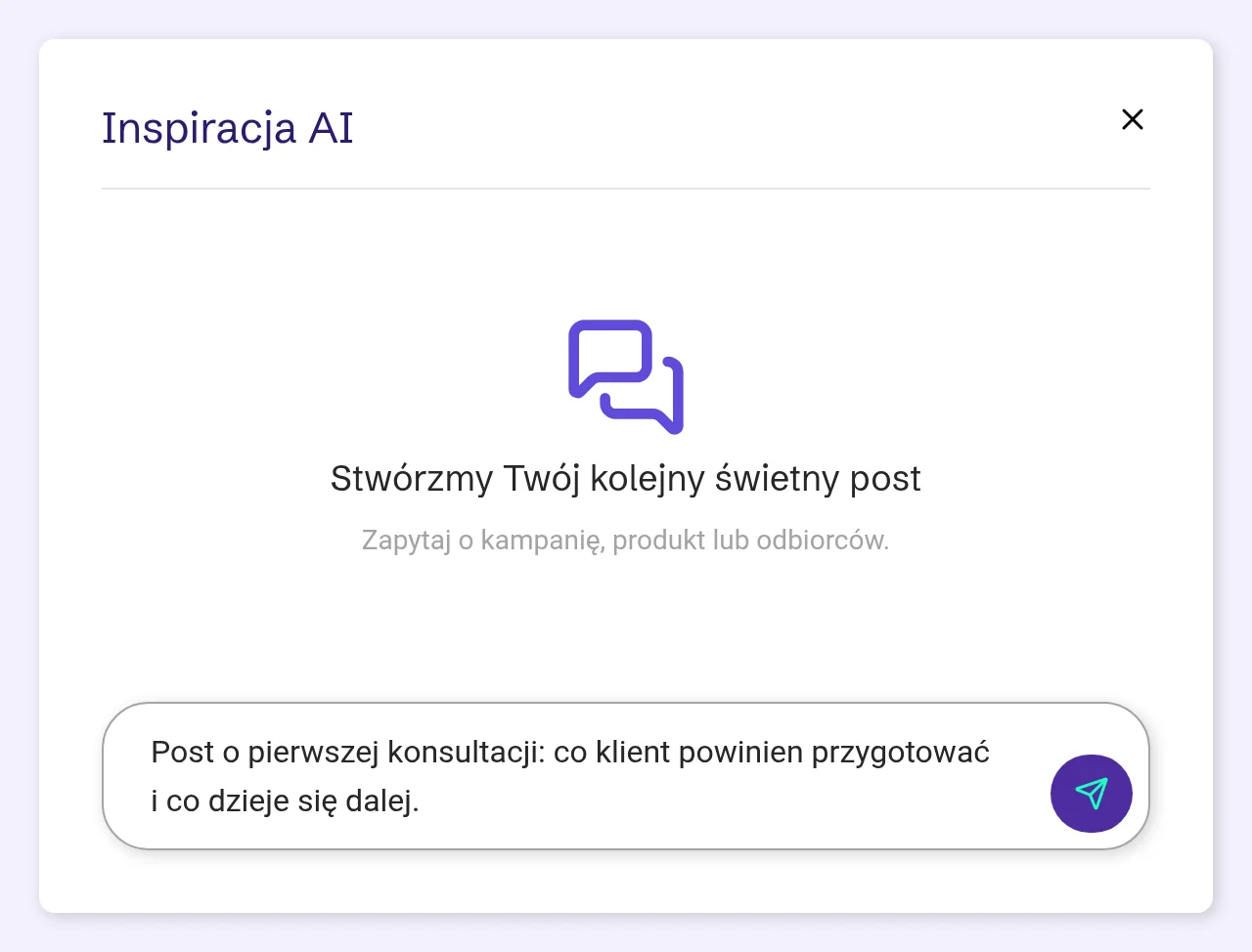 Czat Inspiracja AI z wpisaną pierwszą wiadomością o poście