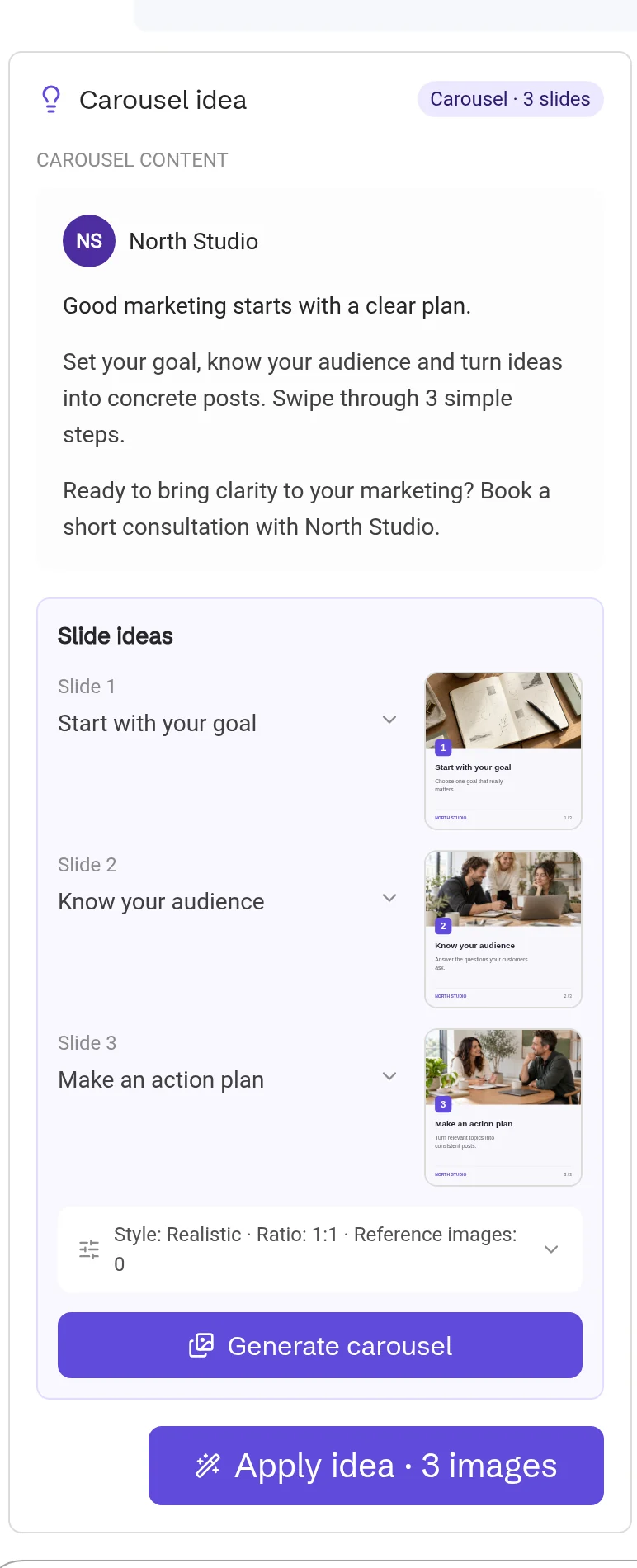 Carousel idea card with the carousel text, three slide ideas and Apply idea