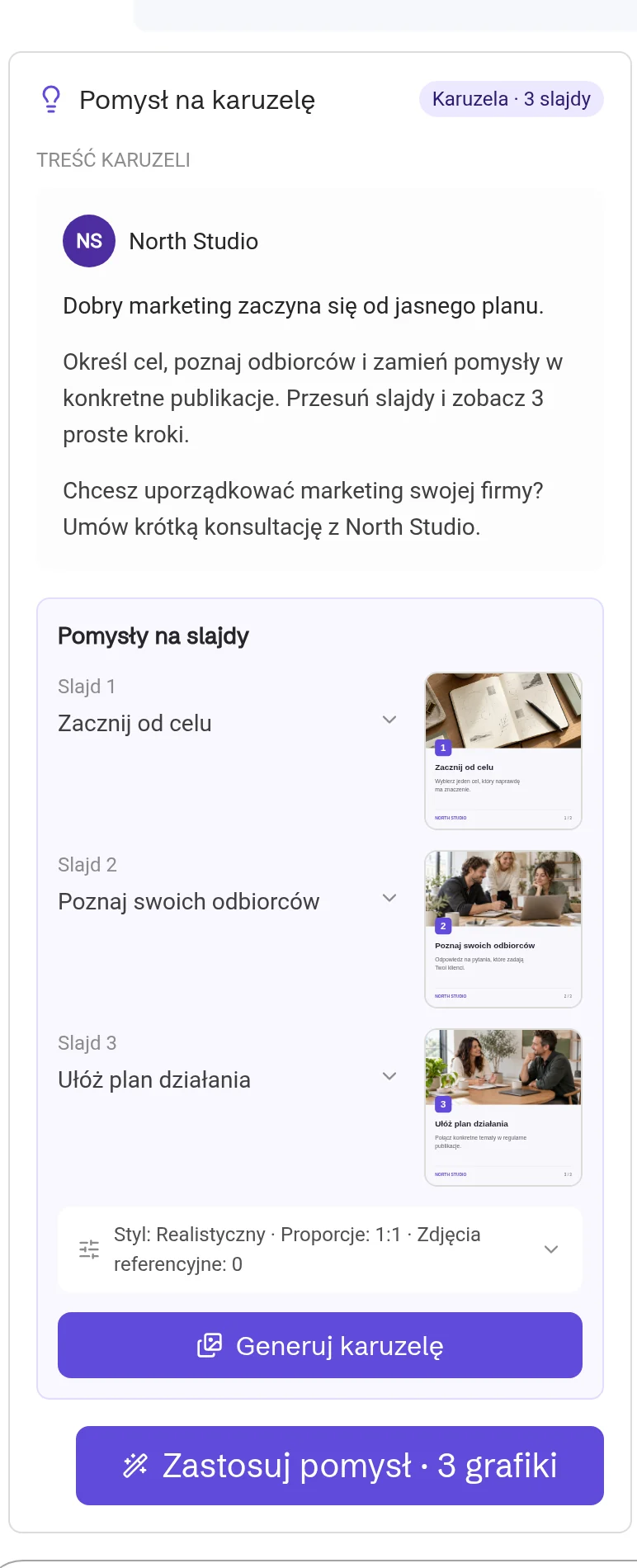 Karta pomysłu na karuzelę z tekstem, trzema pomysłami na slajdy i przyciskiem Zastosuj pomysł