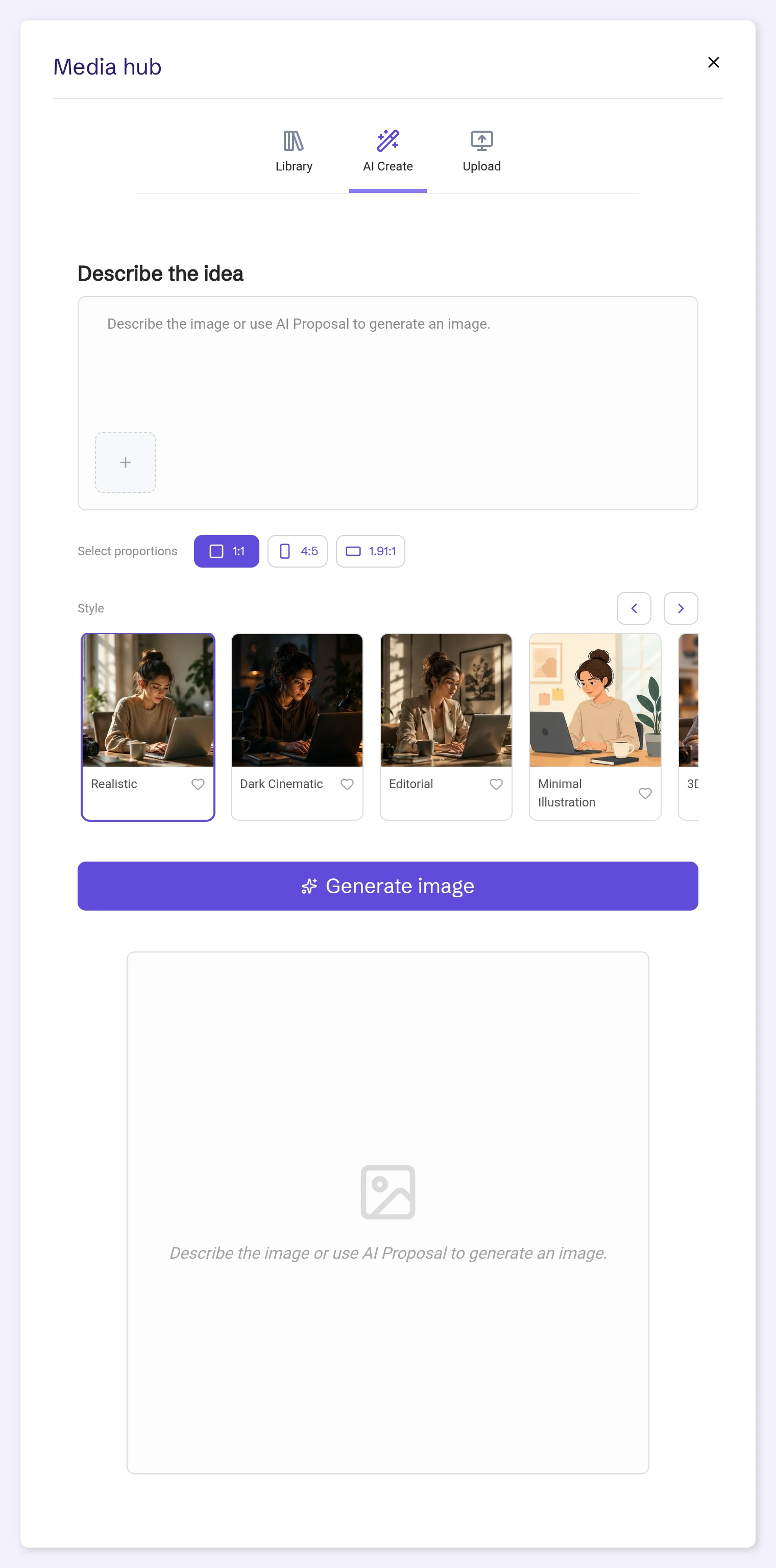 Media hub on the AI Create tab, with Describe the idea, proportions and styles