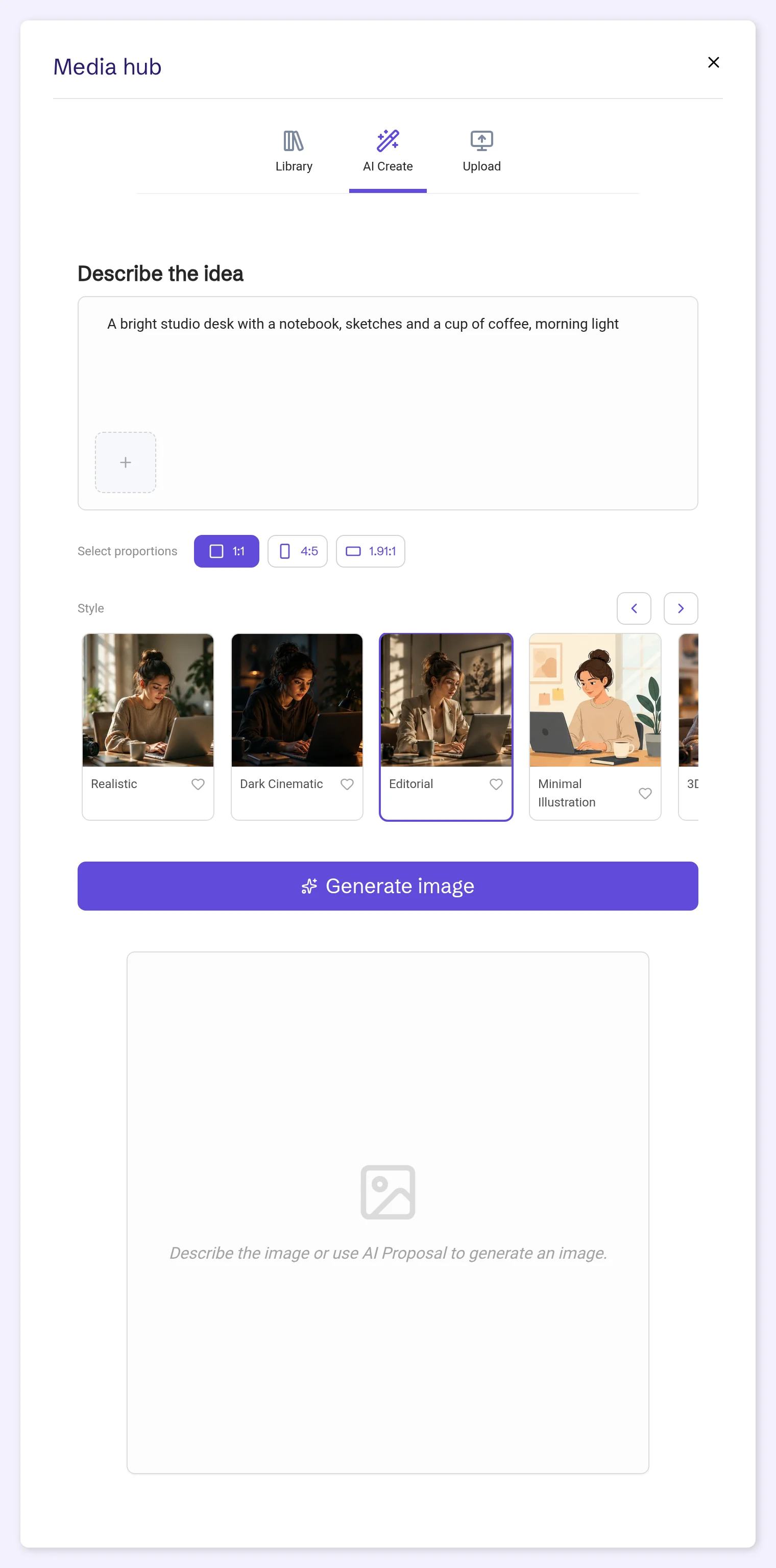 AI Create with an image description typed in and the Editorial style selected