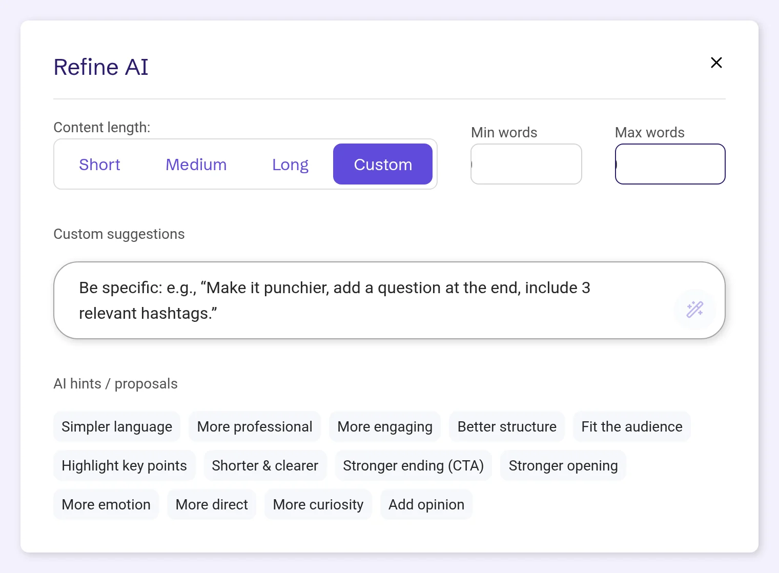 Refine AI with Custom length selected and Min words 40, Max words 120
