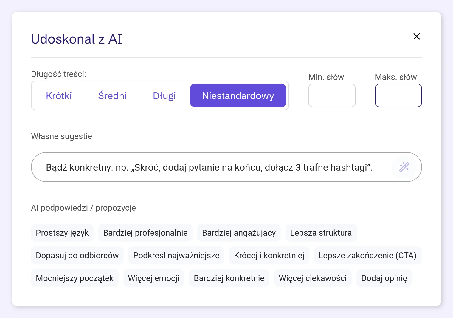 Udoskonal z AI z wybraną długością Własna i liczbą słów od 40 do 120