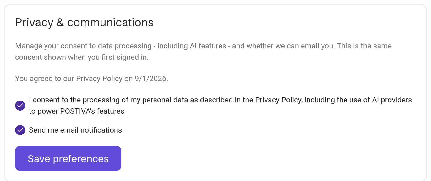 Privacy & communications in Account settings with Send me email notifications