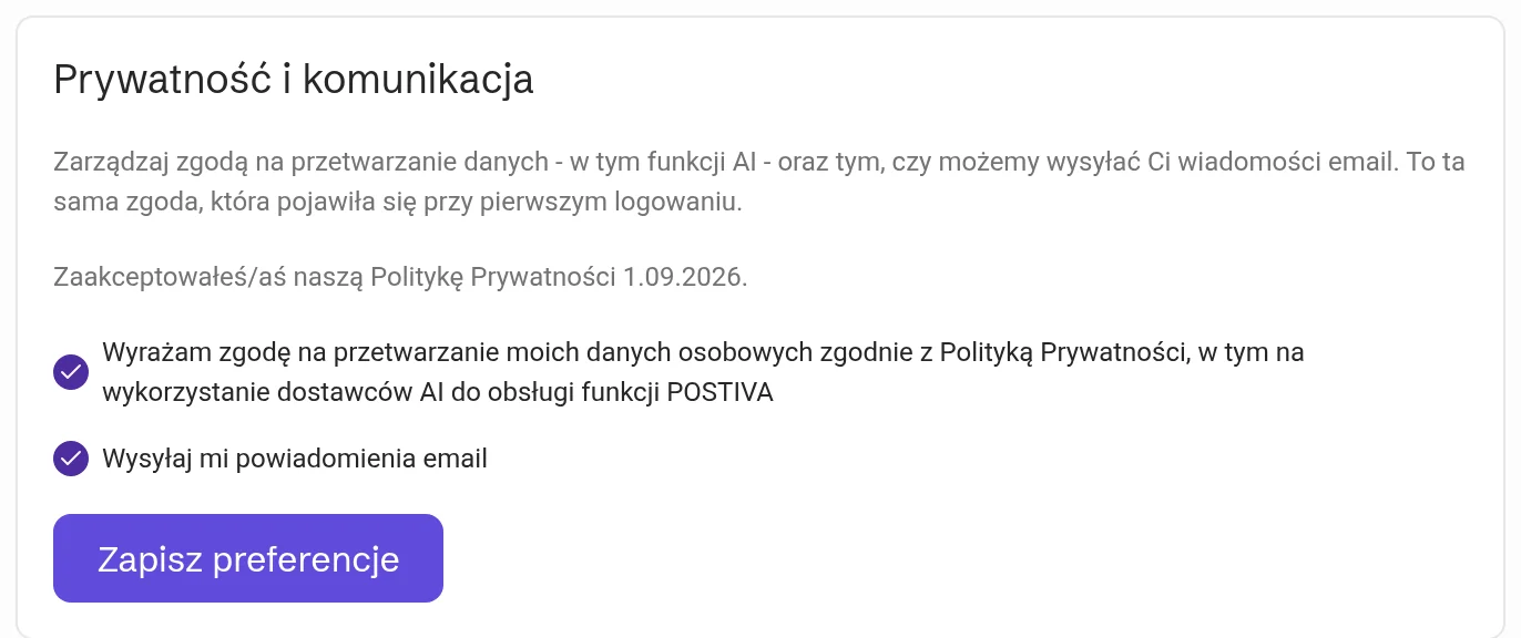 Prywatność i komunikacja w ustawieniach konta z opcją Wysyłaj mi powiadomienia email
