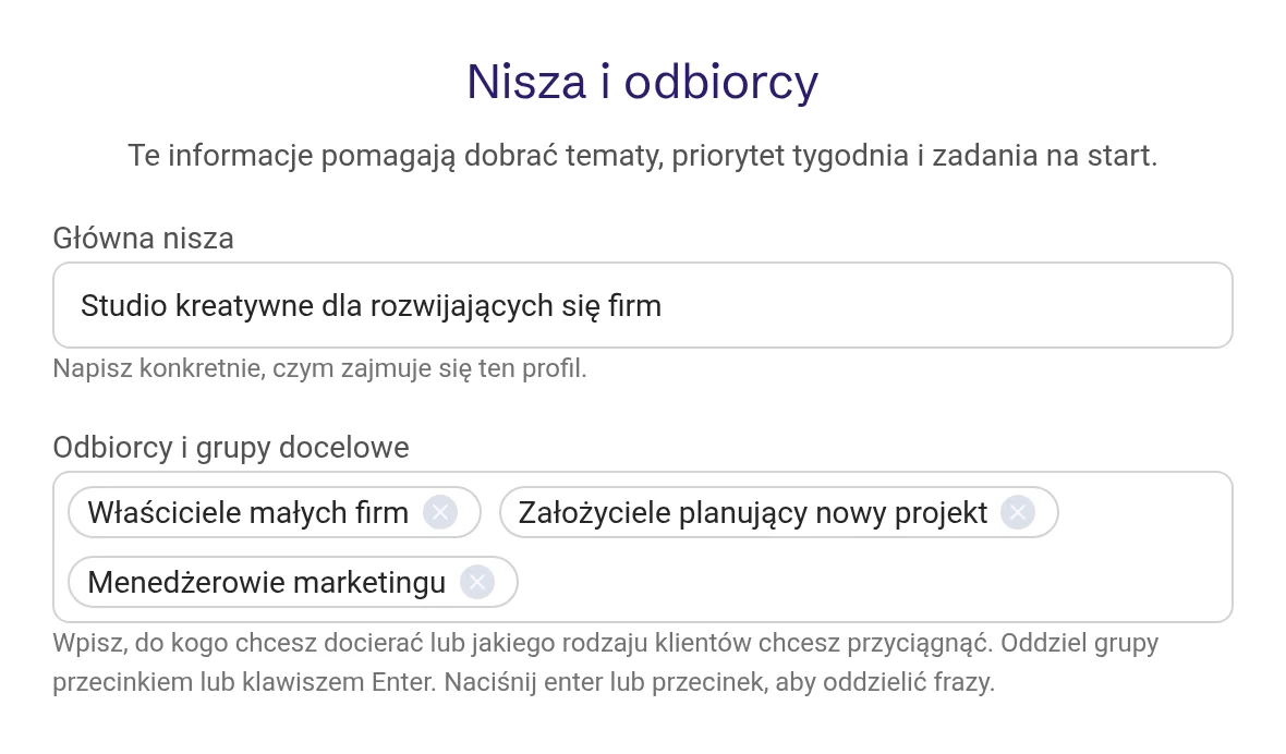 Nisza i odbiorcy z wpisaną główną niszą i trzema grupami odbiorców
