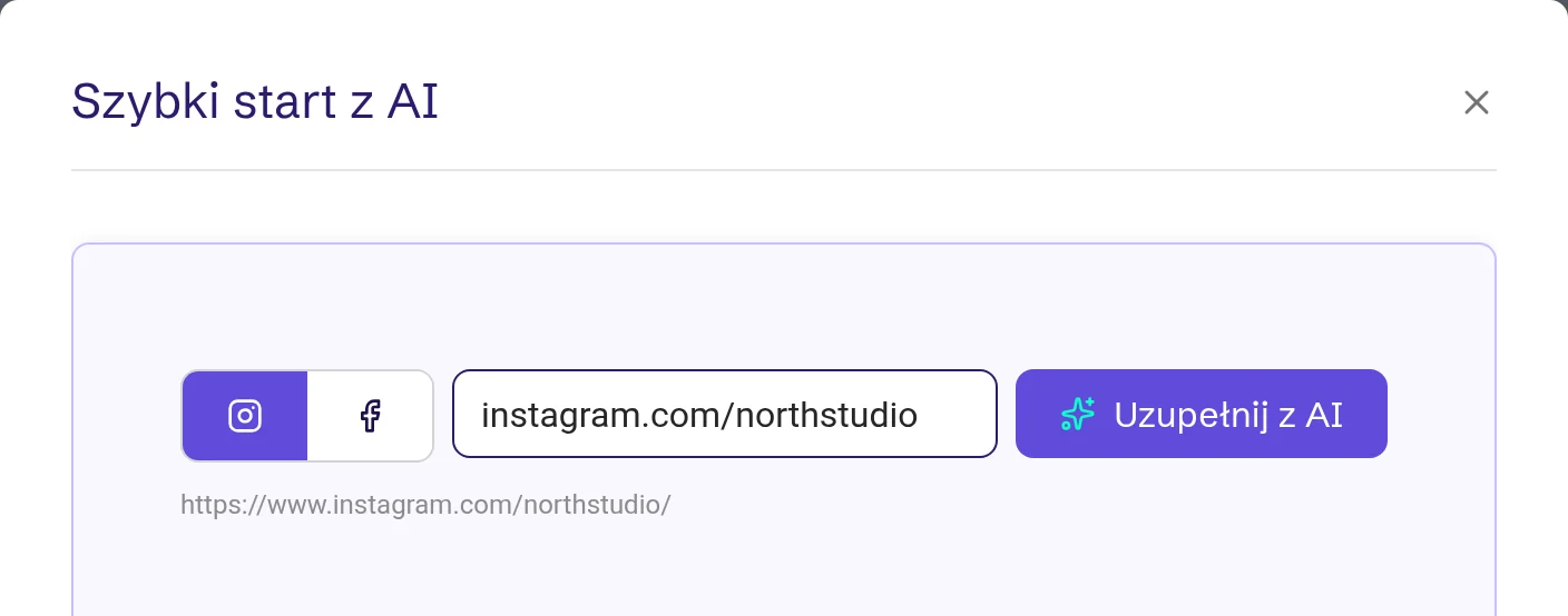 Szybki start z AI z linkiem do profilu na Instagramie i przyciskiem Uzupełnij z AI
