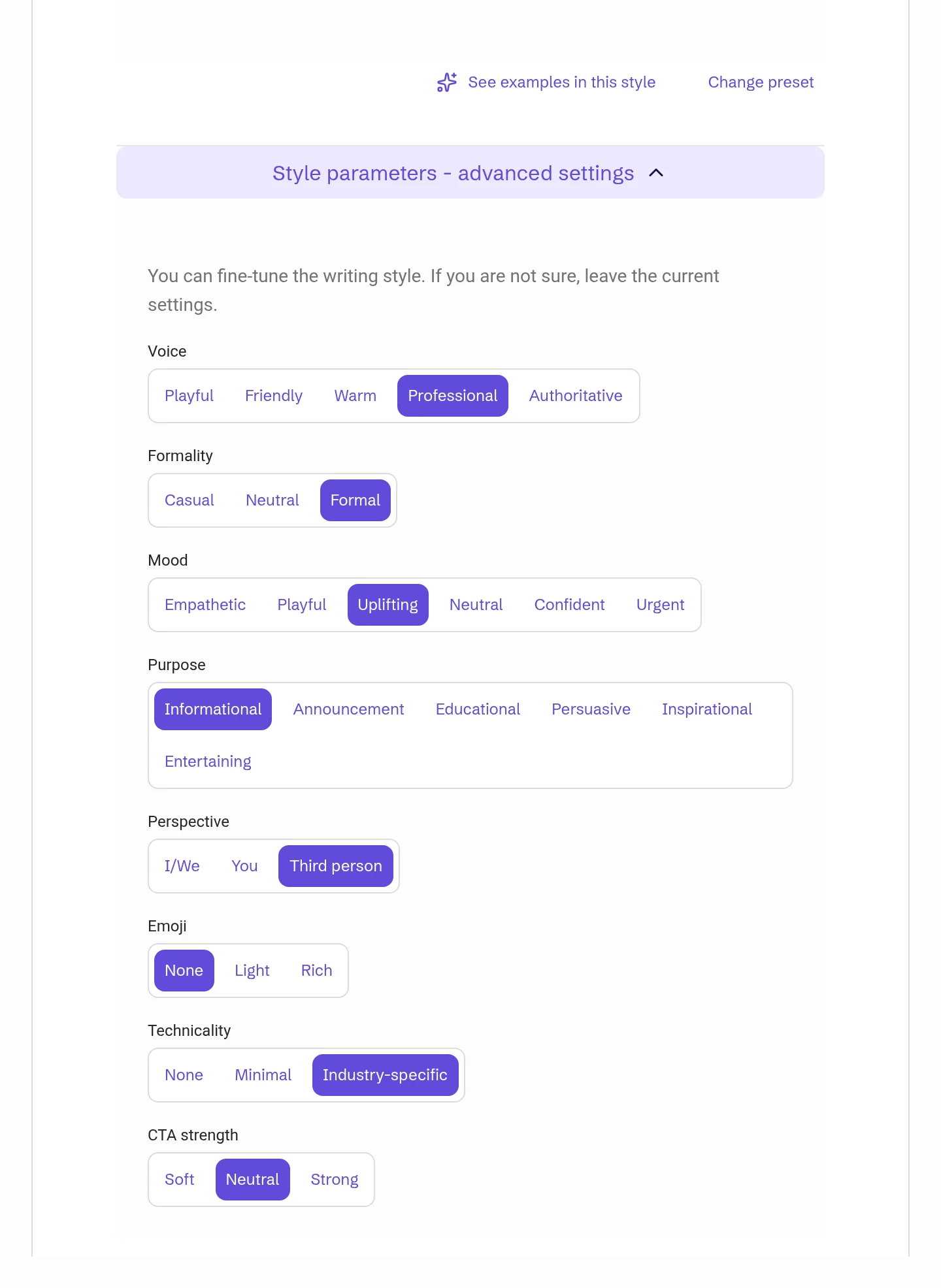 Style parameters - advanced settings open, from Voice to CTA strength