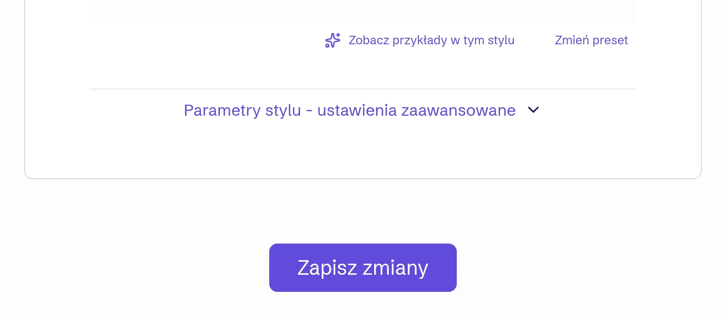 Zobacz przykłady w tym stylu, Zmień preset i przycisk Zapisz zmiany