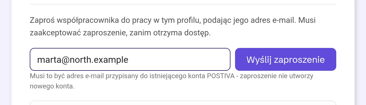 Okno Współpracownicy z wpisanym adresem e-mail obok przycisku Wyślij zaproszenie