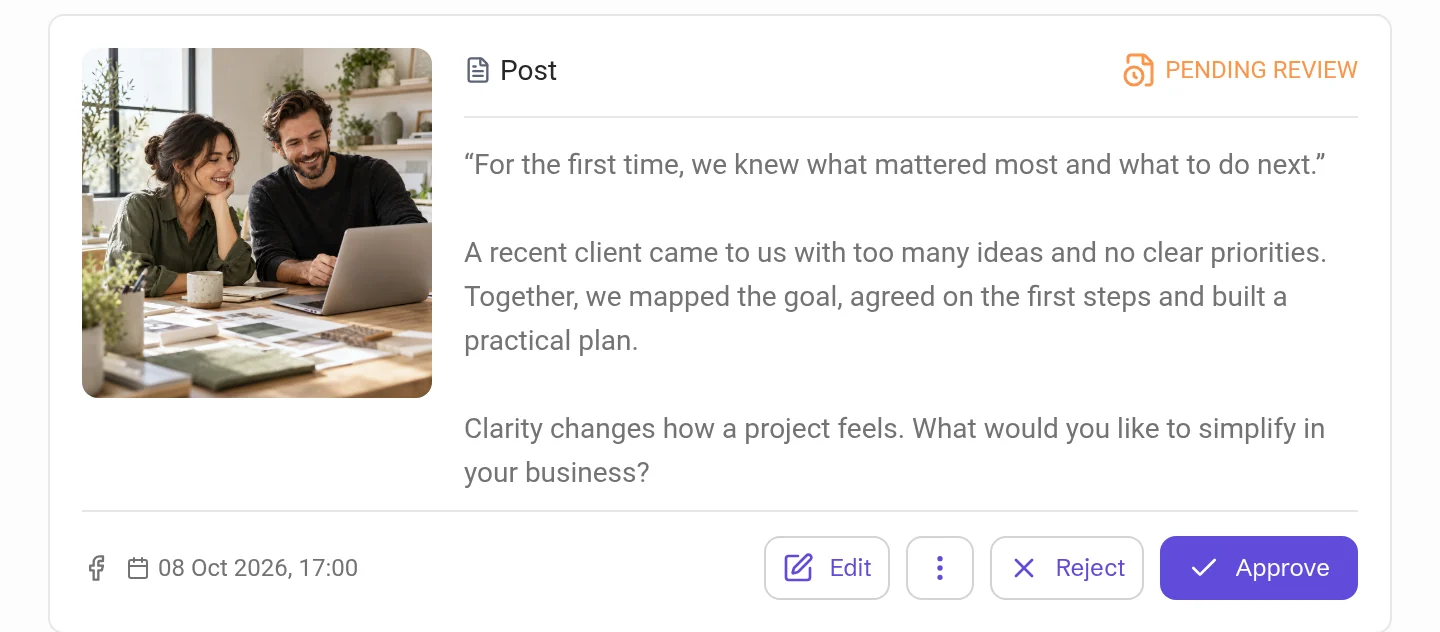 A post with Pending Review status and the Reject and Approve buttons