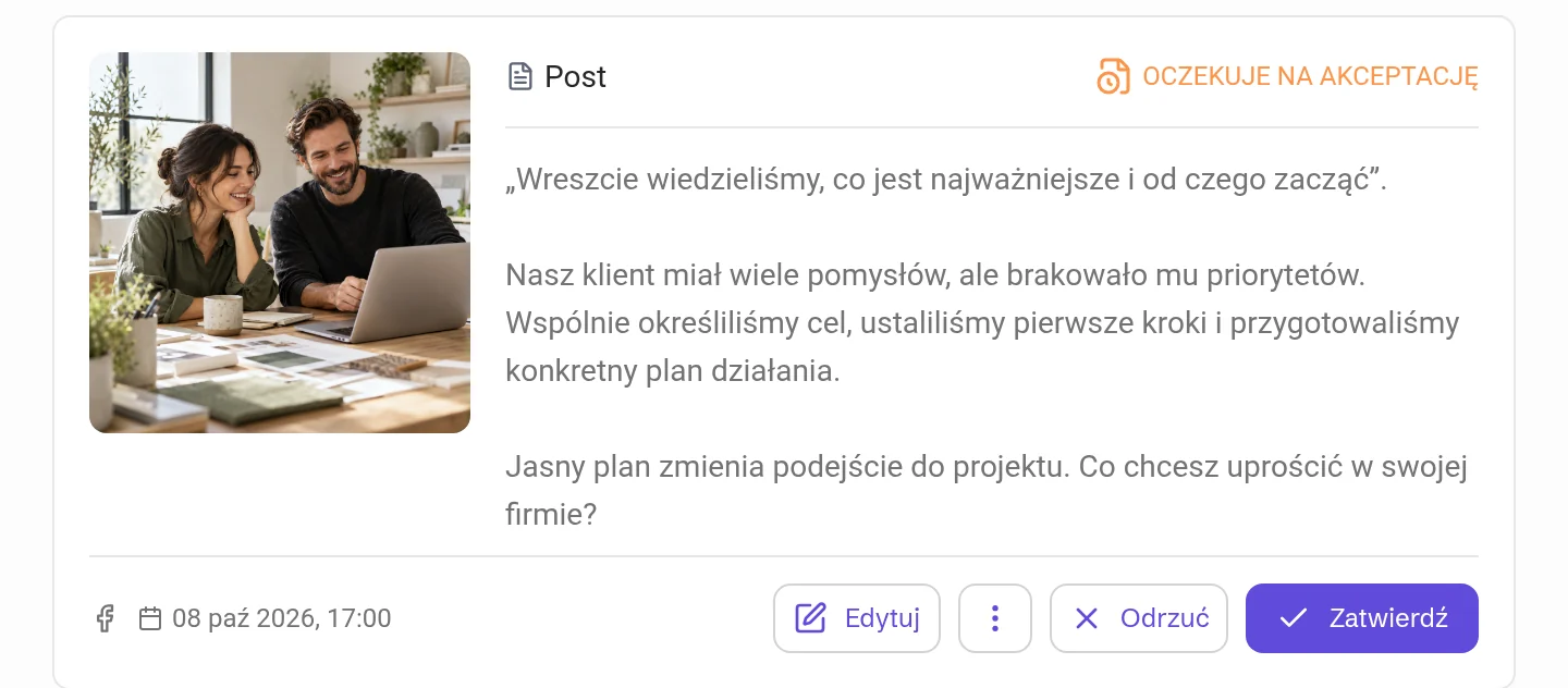 Post ze statusem oczekiwania na akceptację i przyciskami Odrzuć i Zatwierdź