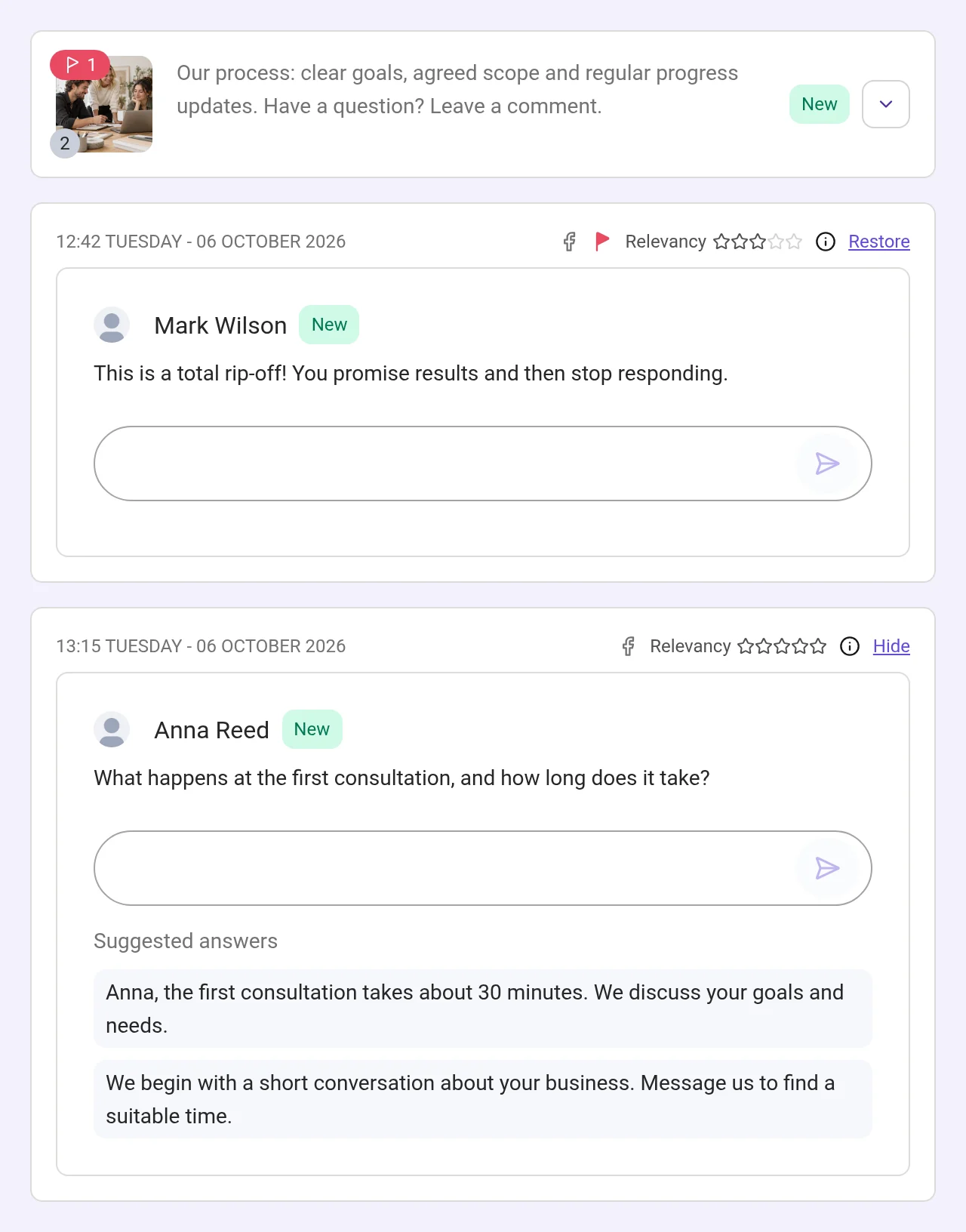 Comments: a hidden toxic comment and a question with suggested answers