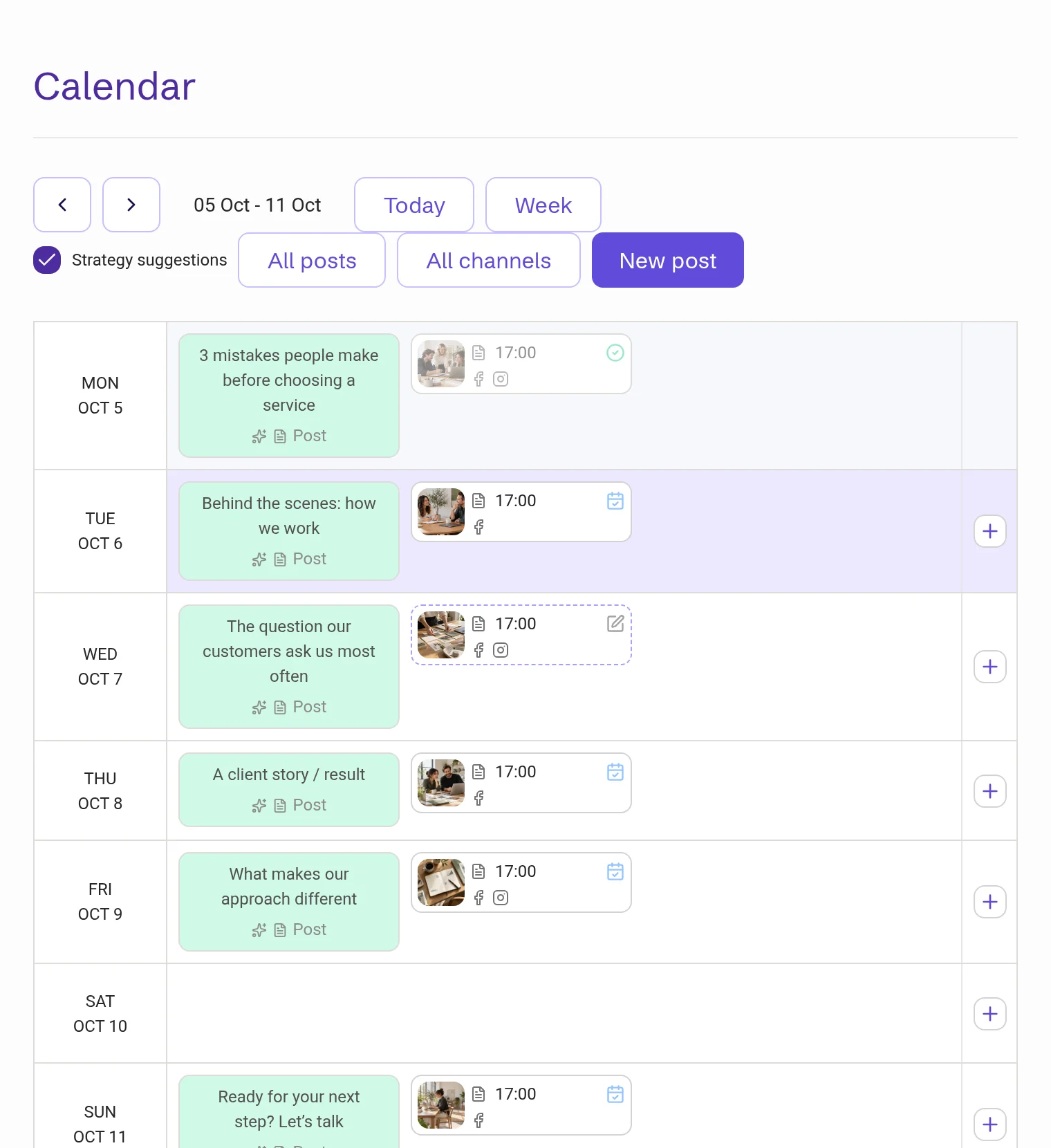 Calendar week view with strategy suggestions and scheduled posts