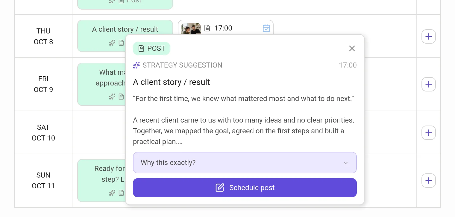 A strategy suggestion opened in the calendar with Schedule post