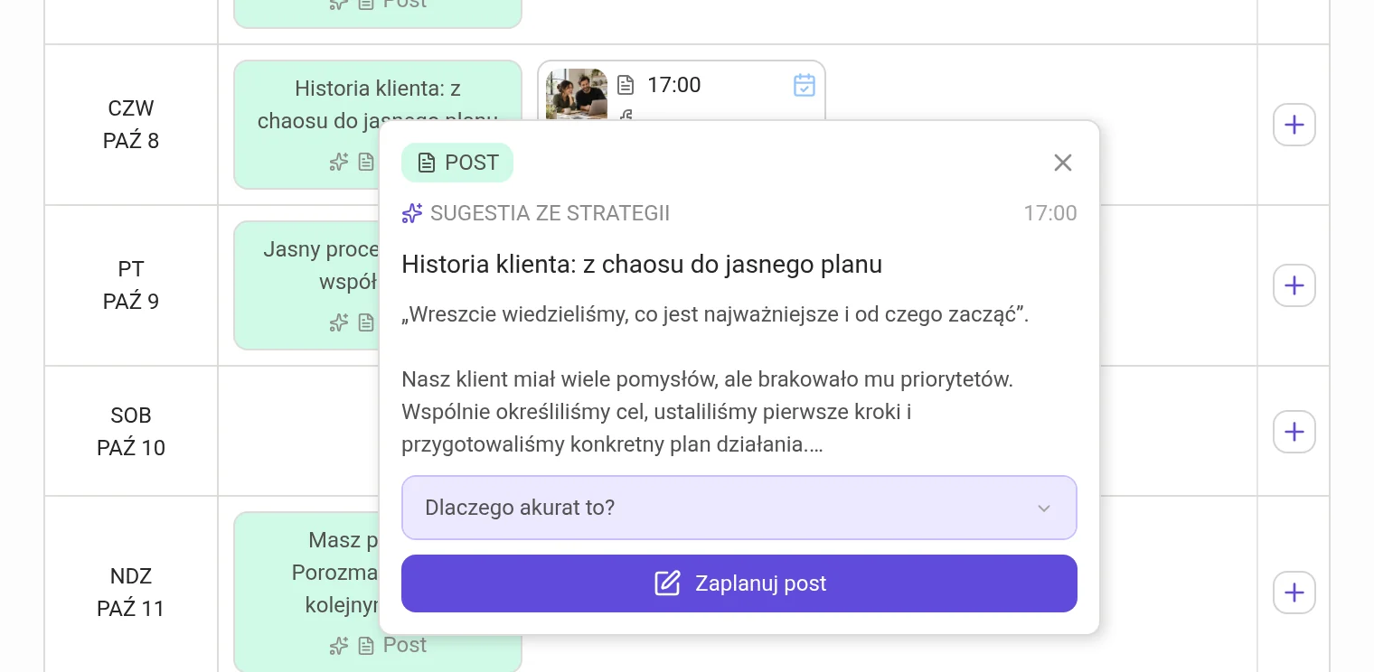 Sugestia ze strategii otwarta w kalendarzu z przyciskiem Zaplanuj post