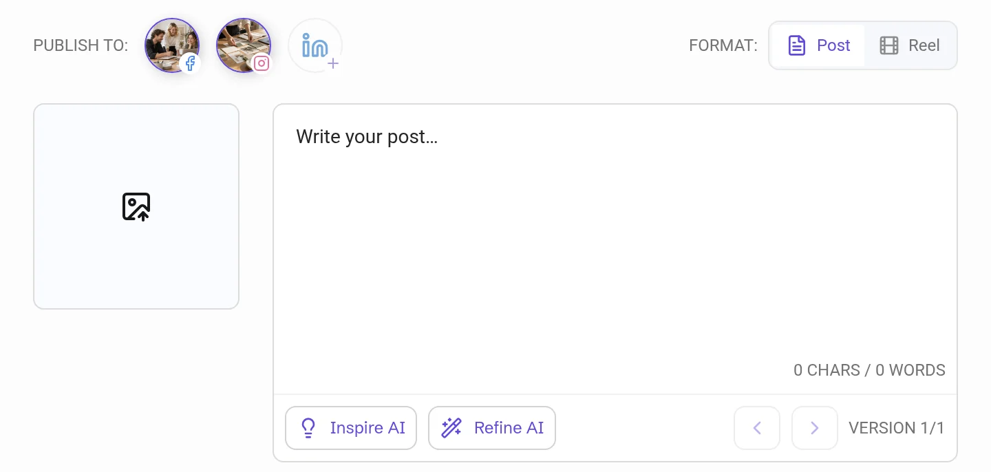 Create post with Facebook and Instagram selected and the Post and Reel formats