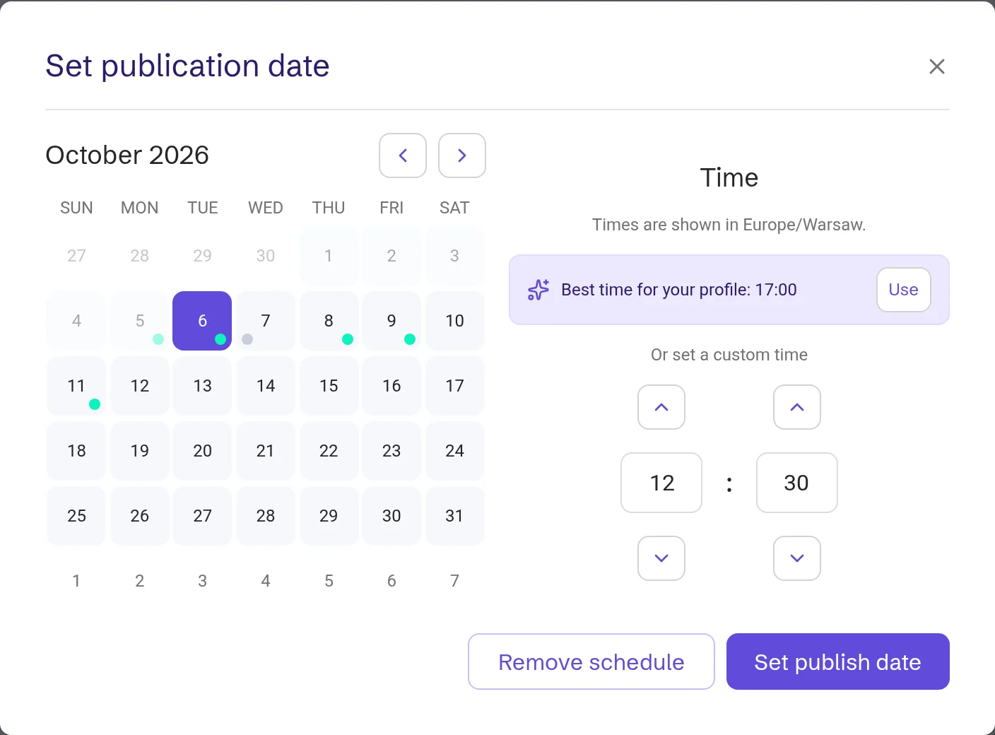Set publication date with a calendar, the best time for the profile and a custom time