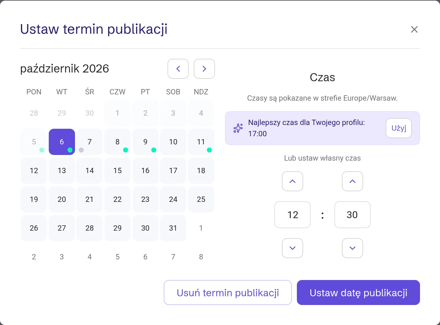 Ustawianie terminu publikacji z kalendarzem, najlepszą porą dla profilu i własną godziną