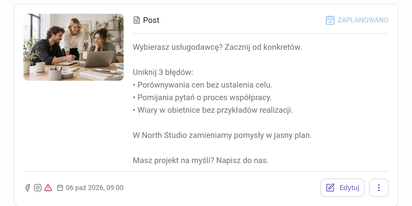 Post z czerwonym znakiem ostrzeżenia przy ikonach platform