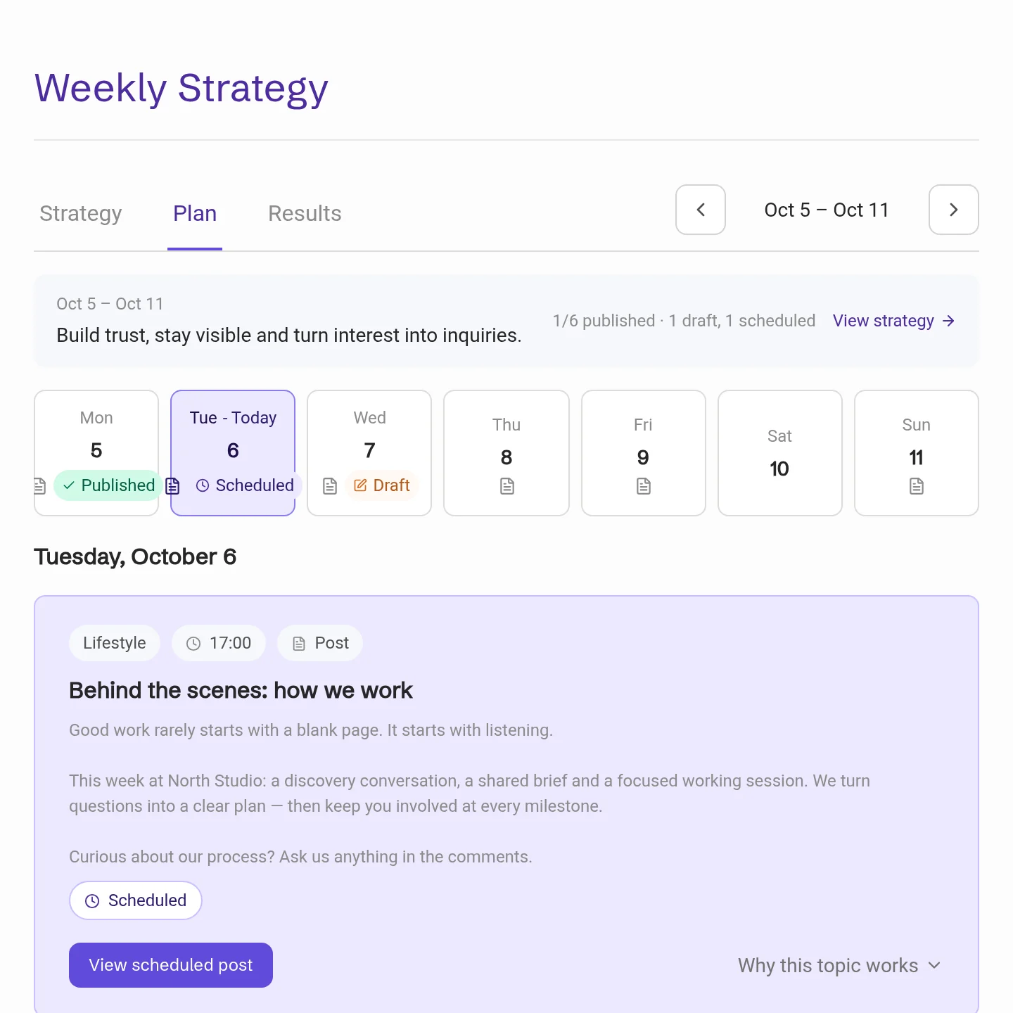 Plan tab with the days of the week and Tuesday’s post