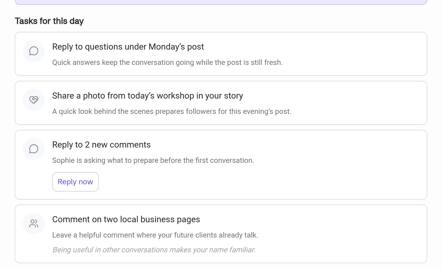 Tasks for this day: two plan actions and two AI tasks, one with Reply now