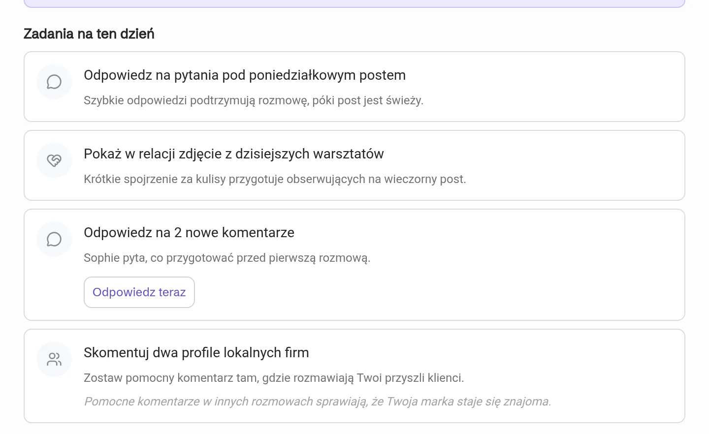 Zadania na ten dzień: dwie akcje z planu i dwa zadania AI, jedno z przyciskiem Odpowiedz teraz