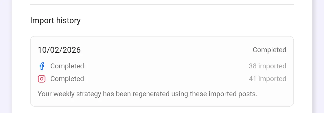 A completed import with the number of posts imported per platform