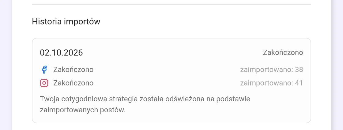 Zakończony import z liczbą zaimportowanych postów dla każdej platformy