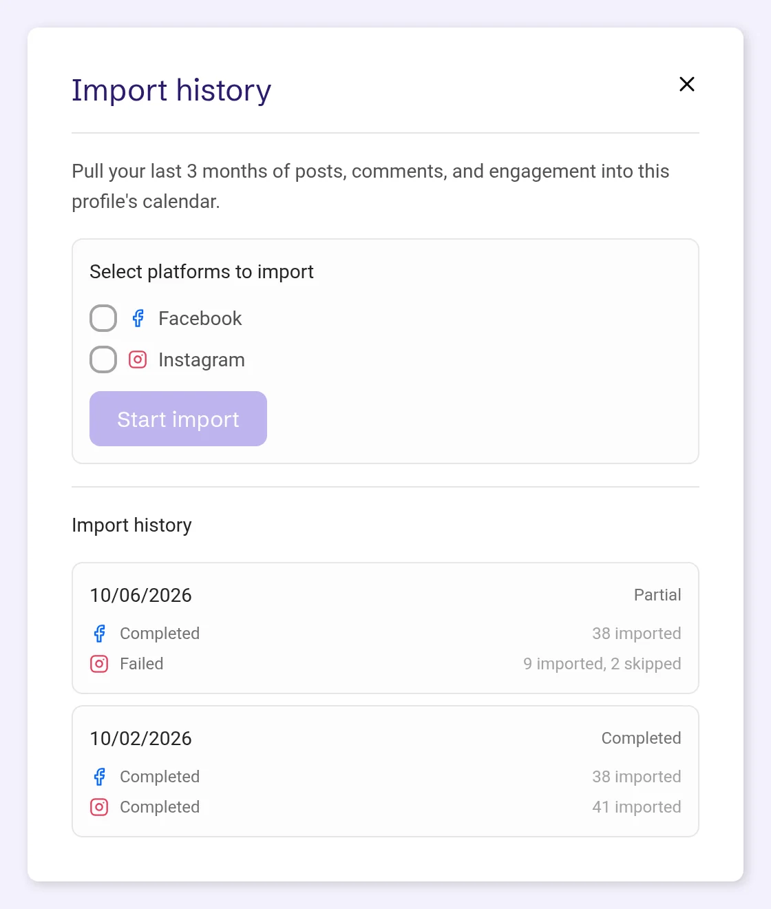 A Partial import: Facebook completed, Instagram failed