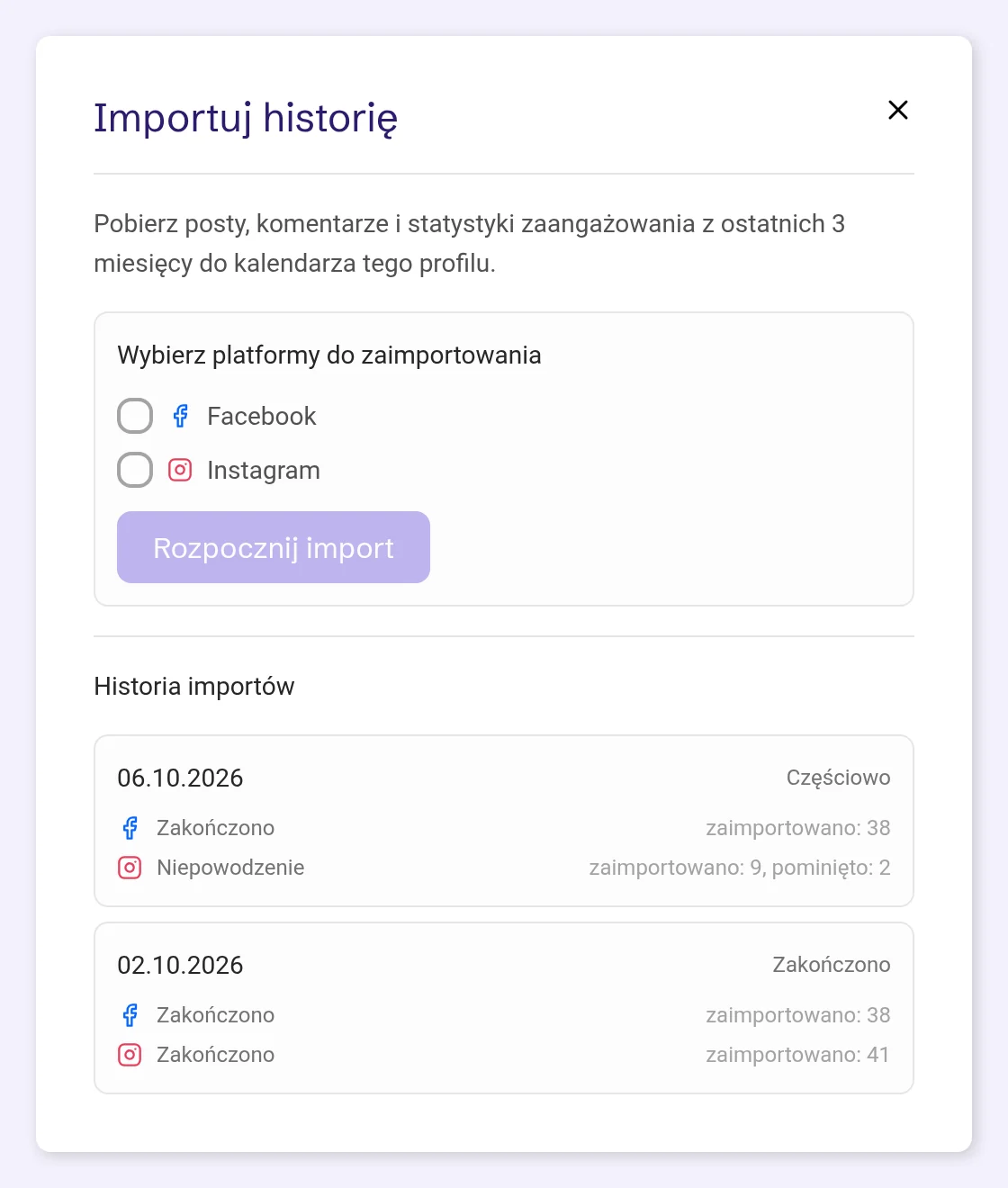 Import częściowy: Facebook zakończony, Instagram nieudany