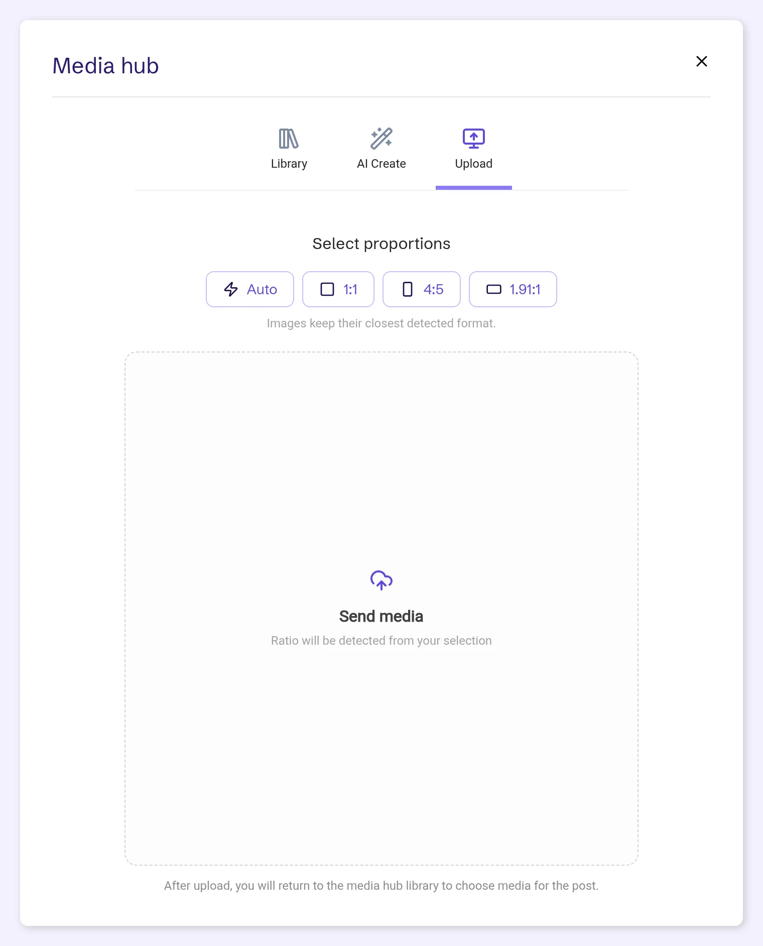 Upload tab with Select proportions and Send media