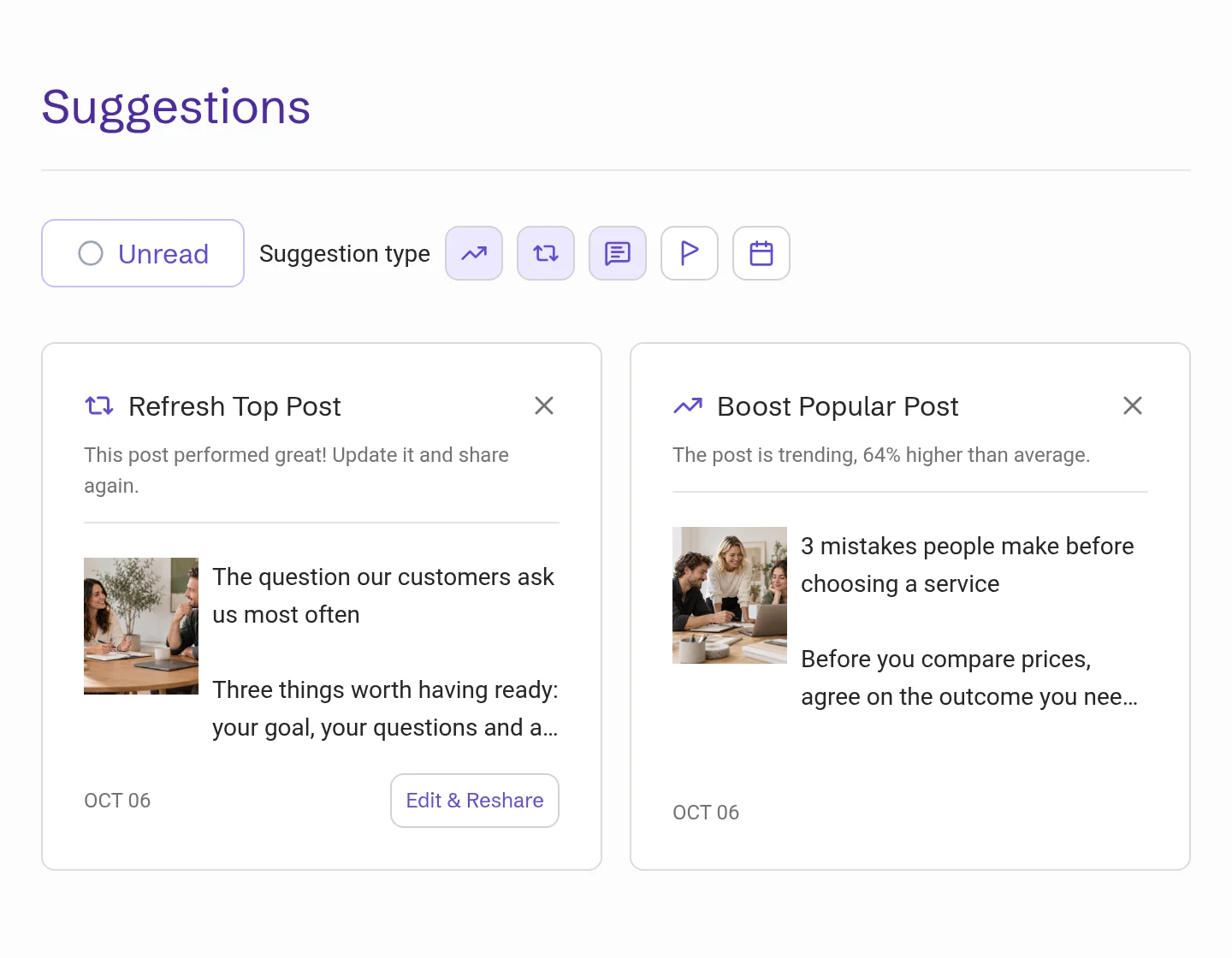 Suggestions with the Unread switch, Suggestion type filters and two cards