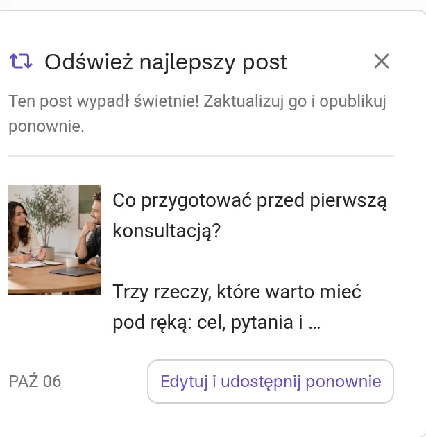 Karta odświeżenia najlepszego posta z przyciskiem edycji i ponownej publikacji