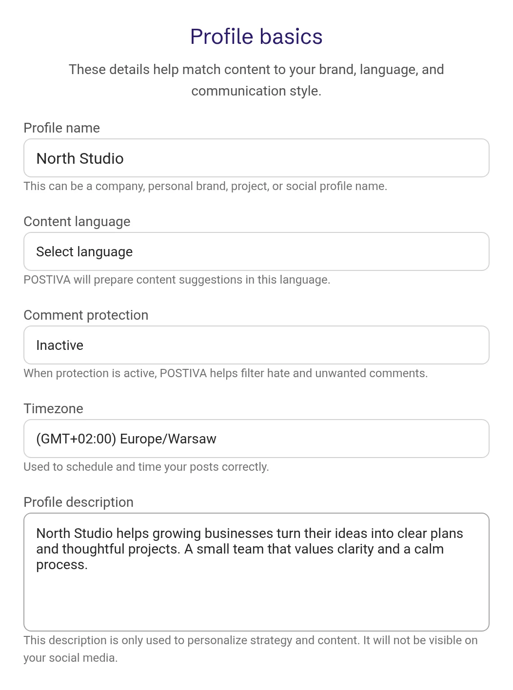 Profile basics with the profile name and a description of the business