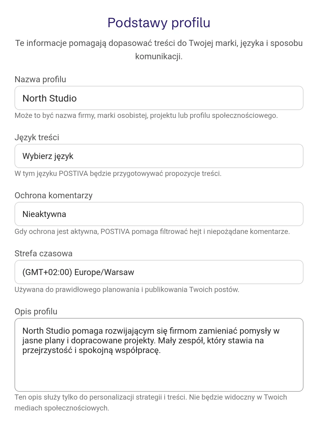 Podstawy profilu z nazwą profilu i opisem firmy