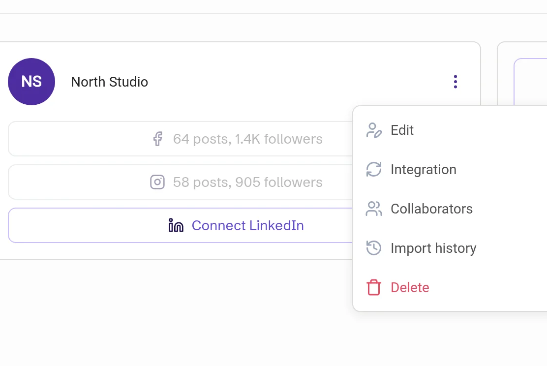 Profile card menu with Edit, Integration, Collaborators, Import history and Delete